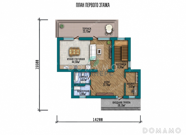 Проект двухэтажного дома с большой террасой и плоской крышей / План 1 этажа