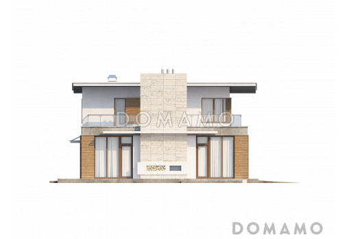 Проект современного двухэтажного дома из кирпича с плоской крышей,  с четырьмя спальнями, просторным кабинетом и гаражом / Фасад 2
