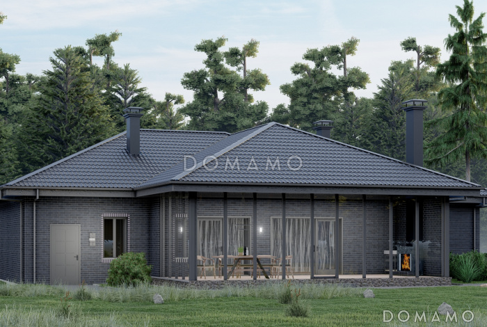 Проект одноэтажного дома с верандой, гаражом и тремя спальнями