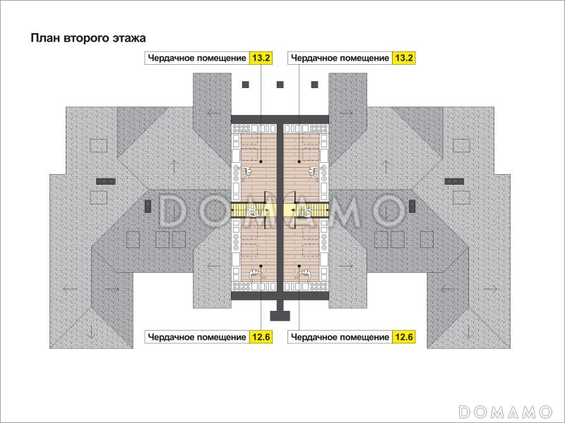 Проект дома с эркером в гостиной, комнатой на первом этаже, террасой, балконом, чердаком / План мансардного этажа