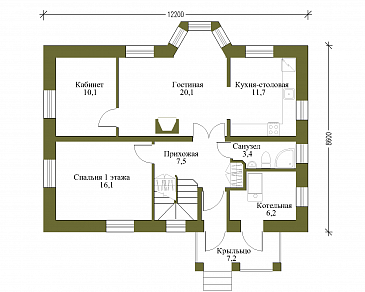 Проект каркасного коттеджа с лоджией в европейском стиле / План 1 этажа