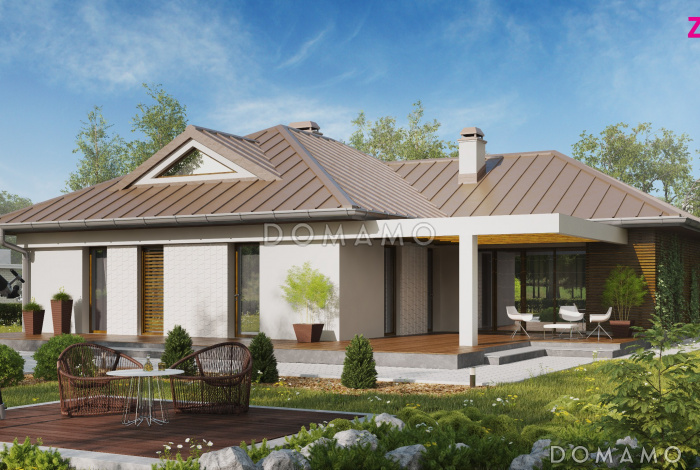 Проект одноэтажного дома из газобетона с большой угловой террасой и гаражом на два автомобиля