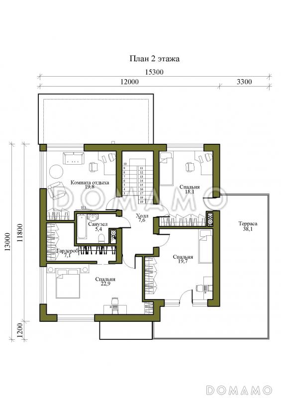 Проект двухэтажного дома с подвалом, гаражом и верандой / План 2 этажа