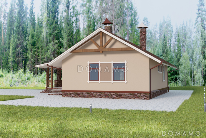 Проект одноэтажного дома с камином внутри и барбекю на террасе под крышей