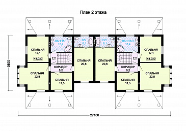Проект двухэтажного дома на два хозяина с верандой и отдельным входом для каждой семьи / План 2 этажа