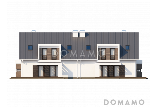 Проект современных мансардных домов-близнецов из газобетона с гаражом, слуховым окном и балконом / Фасад 2