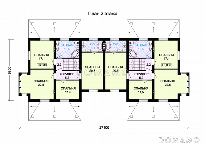 Проект двухэтажного дома на два хозяина с верандой и отдельным входом для каждой семьи / План 2 этажа