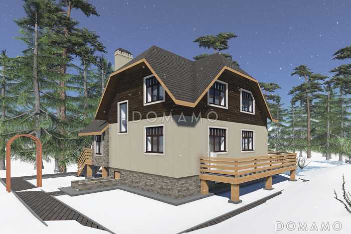 Проект кирпичного дома с цокольным и мансардным этажами, террасой и сауной