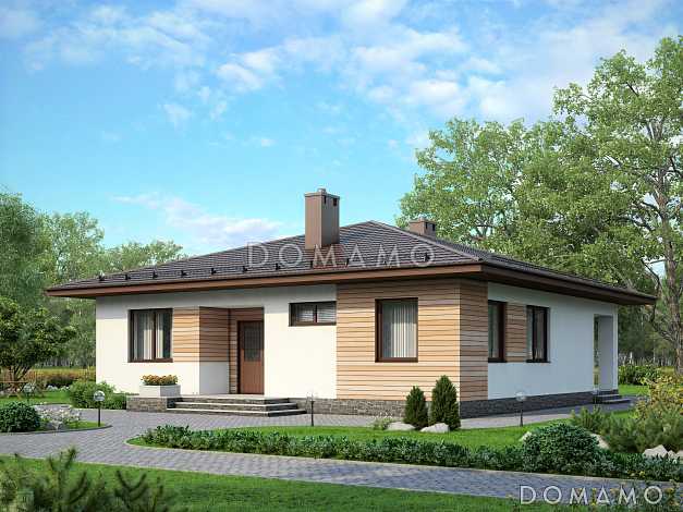 Проект одноэтажного дома из пенобетона с тремя спальнями, шатровой крышей и комбинированной облицовкой