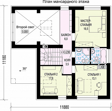 Проект дома с тремя спальнями на мансарде, вторым светом и комнатой на первом этаже / План мансардного этажа