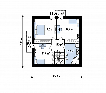 Проект загородного дома с террасой, кухней с кладовой, тремя спальнями с балконами на мансарде / План мансардного этажа