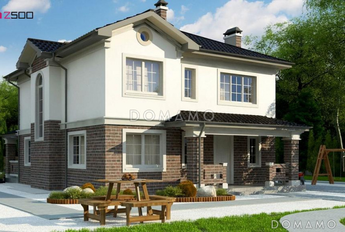 Проект двухэтажного дома с большой гостиной, крытой террасой, кладовой в кухне, спальней на первом этаже