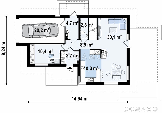 Проект мансардного дома из кирпича с тремя спальнями, кабинетом, балконом и гаражом / План 1 этажа
