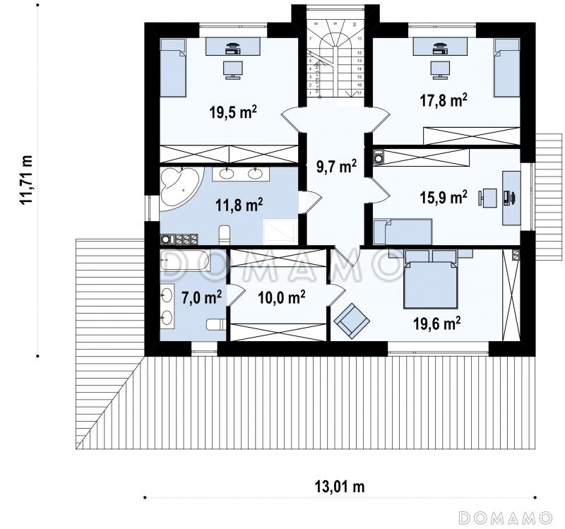 Проект современного двухэтажного дома из кирпича с четырьмя спальнями, кабинетом и большим гаражом / План 2 этажа