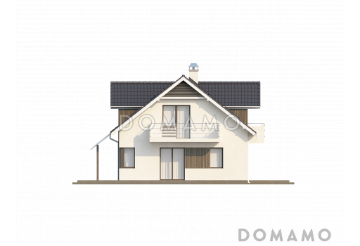 Проект просторного одноэтажного дома из газобетона с тремя спальнями и подсобным помещением на мансардном этаже и со встроенным гаражом / Фасад 2