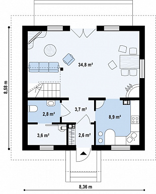 Проект загородного дома из газобетона с тремя спальнями на мансардном этаже / План 1 этажа