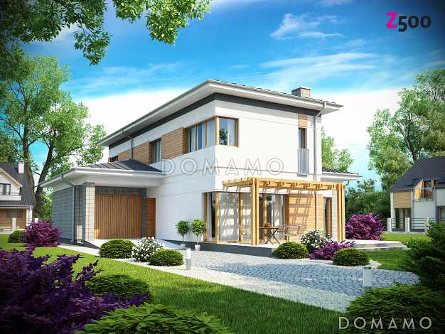 Проект современного двухэтажного дома из газобетона с четырьмя спальнями и пристроенным гаражом