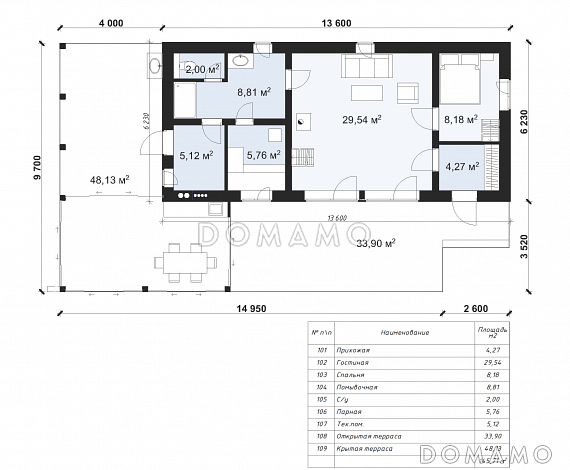 Проект современной бани с просторной гостиной и большой террасой S-93 / План 1 этажа