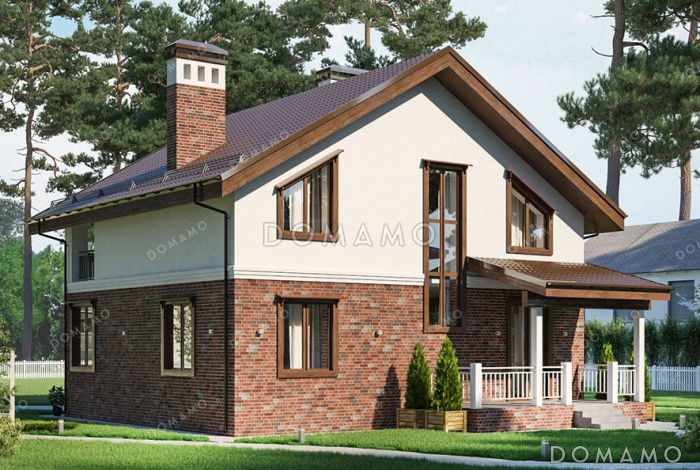 Проект дома с просторной кухней-столовой, загороженным крыльцом и уютным балконом на верхнем этаже