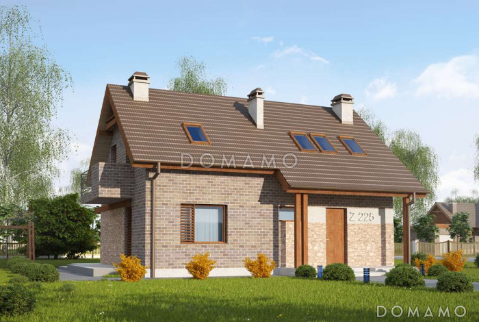 Проект одноэтажного мансардного дома из газобетона c отделкой фасадов облицовочным кирпичом, с кабинетом и тремя спальнями 