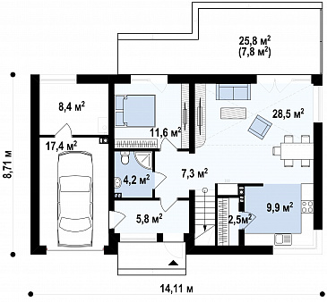 Проект мансардного дома из газобетона с четырьмя спальнями, вторым светом и гаражом  / План 1 этажа