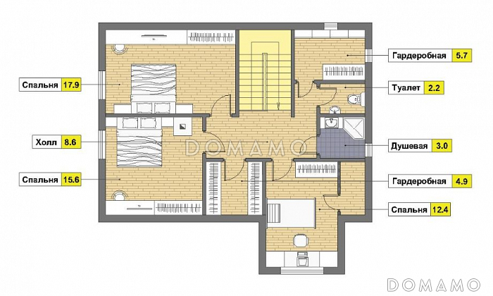 Проект дома из пенобетона с навесом для двух машин и крытой террасой / План мансардного этажа