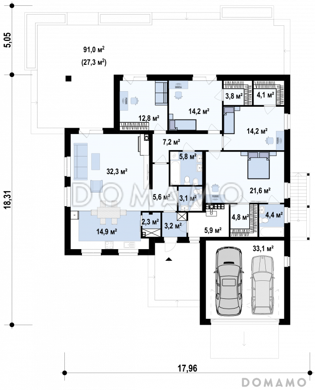 Проект одноэтажного кирпичного дома с гаражом на 2 автомобиля и подвалом / План 1 этажа