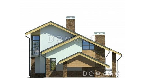 Проект дома с навесом на два автомобиля, гостиной с камином, крытой террасой / Фасад 4