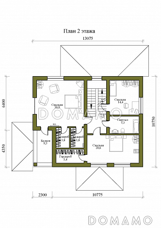 Проект двухэтажного дома с погребом, сауной, террасой и балконом / План 2 этажа
