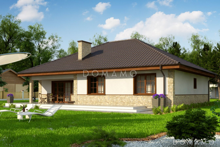 Проект одноэтажного дома из газобетона с тремя спальнями и небольшой крытой угловой террасой