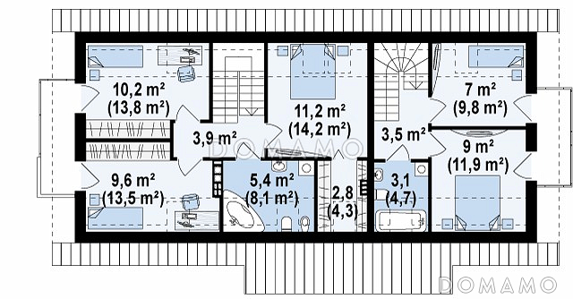 Проект одноэтажного мансардного дома из газобетона с отдельными входами для двух семей / План мансардного этажа