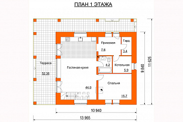 Проект дома с крытой террасой, спальней на первом этаже, балконом, вторым светом / План 1 этажа