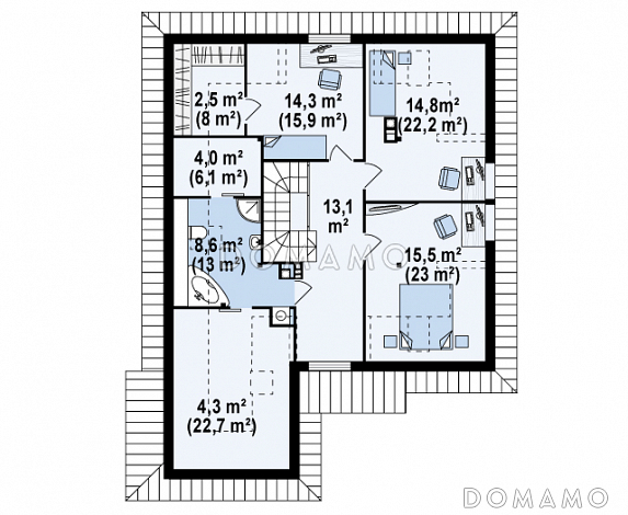 Проект просторного одноэтажного мансардного дома из газобетона с кабинетом, эркером, балконом и гаражом / План мансардного этажа