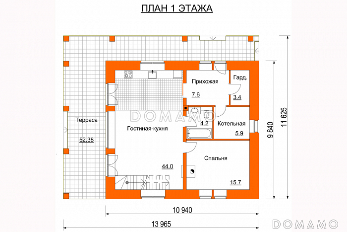 Проект дома с крытой террасой, спальней на первом этаже, балконом, вторым светом / План 1 этажа