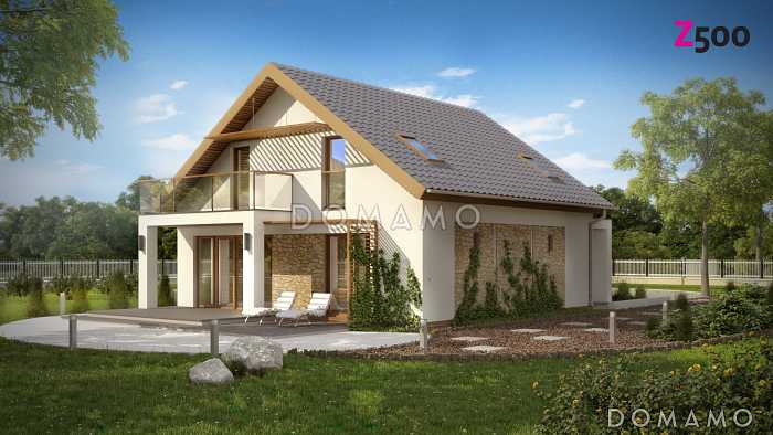 Проект одноэтажного мансардного дома из кирпича с гостевой комнатой на первом этаже и балконом над террасой