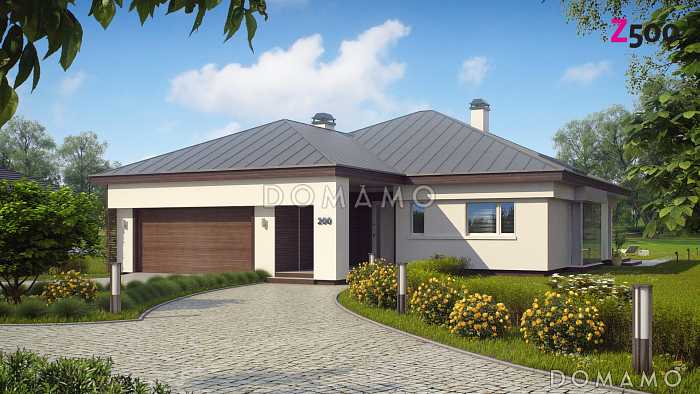 Проект одноэтажного дома из газобетона со стеклянным эркером в просторной гостиной и гаражом на два автомобиля