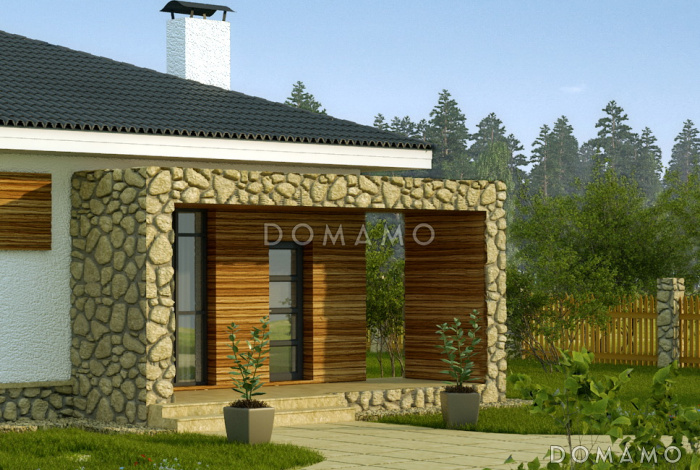 Проект белого одноэтажного дома с авангардным крыльцом