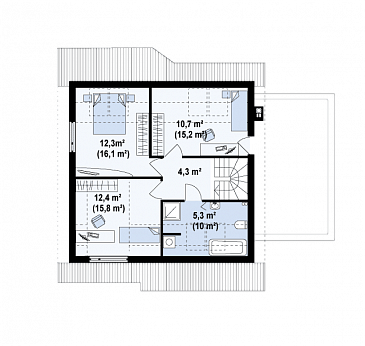 Проект одноэтажного мансардного дома из газобетона с пристроенным гаражом и террасой над ним / План мансардного этажа