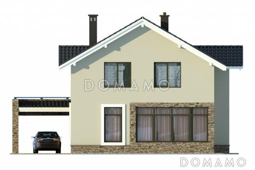 Проект загородного дома с каменного облицовкой крыльца и панорамными окнами гостиной / Фасад 2