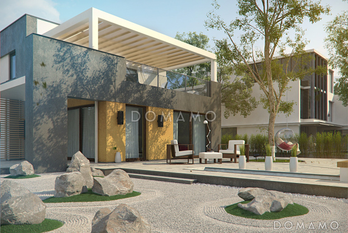 Проект современного двухэтажного дома из кирпича в стиле модерн, с террасой на втором уровне и встроенным гаражом