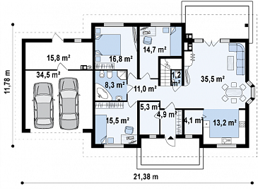 Проект одноэтажного дома из газобетона с мансардой и балконом и гаражом на два автомобиля / План 1 этажа