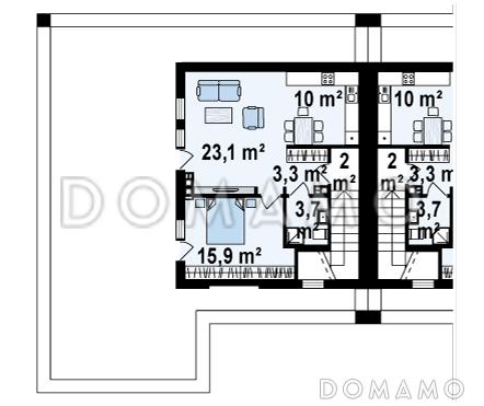 Проект современных мансардных домов-близнецов из кирпича с большим гаражом и открытой террасой на втором этаже / План мансардного этажа