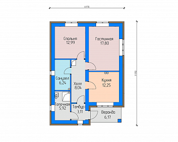 Проект небольшого загородного дома с верандой, санузлом с окном, изолированной кухней / План 1 этажа
