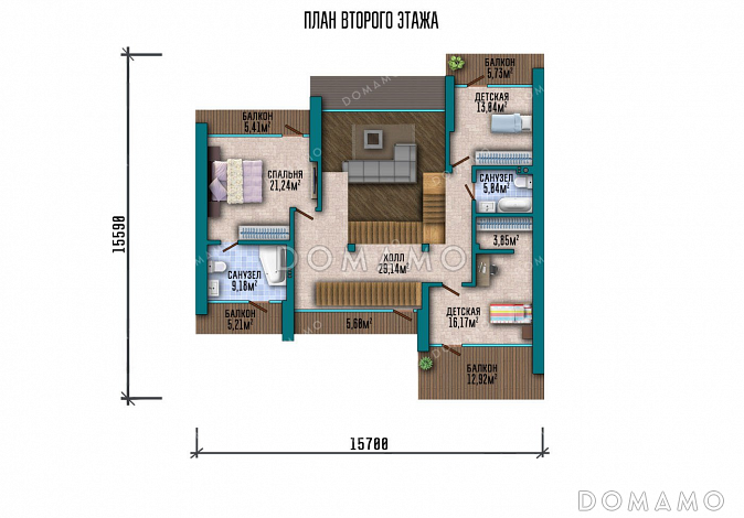 Проект большого двухэтажного дома с гаражом и террасой / План 2 этажа