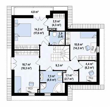 Проект мансардного дома из газобетона с тремя спальнями и кабинетом, балконом и гаражом  / План мансардного этажа