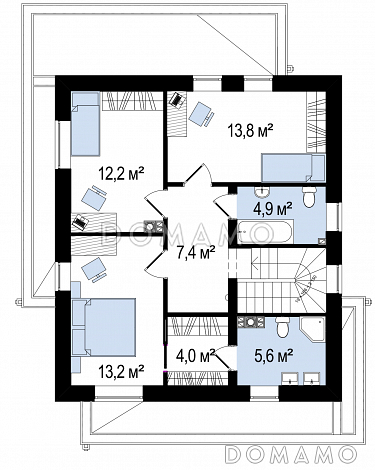 Проект современного двухэтажного дома из кирпича с плоской крышей, четырьмя комнатами и угловым остеклением гостиной / План 2 этажа