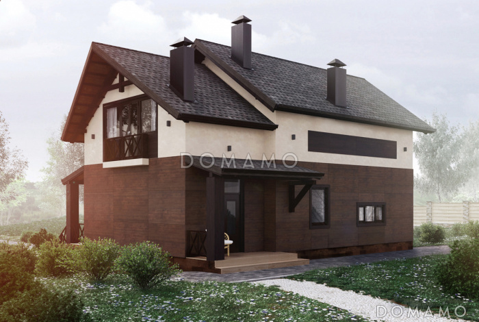 Проект дома с 4 спальнями, свободной планировкой кухни-гостиной-столовой и балконами на мансарде