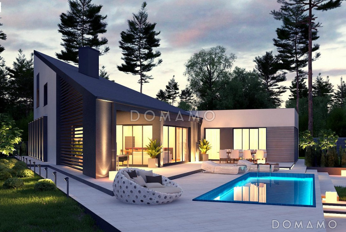 Проект современного одноэтажного дома из кирпича с односкатной крышей, вторым светом и гаражом