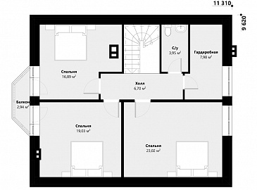 Проект дома с 4 спальнями, эркером в гостиной, террасой и пристроенным гаражом / План мансардного этажа