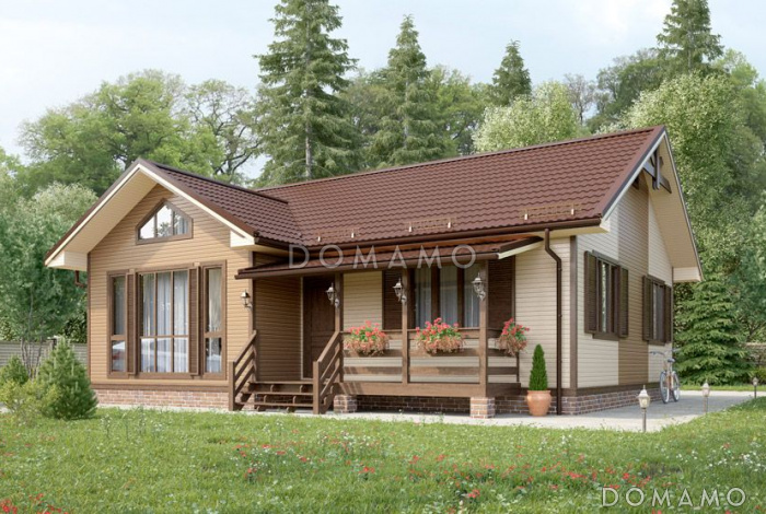 Проект каркасного дома с небольшой светлой гостинной